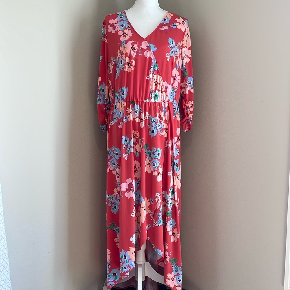Lane Bryant | Floral High Low Faux Wrap Stretch Knit Dress | Size 1X 14/16